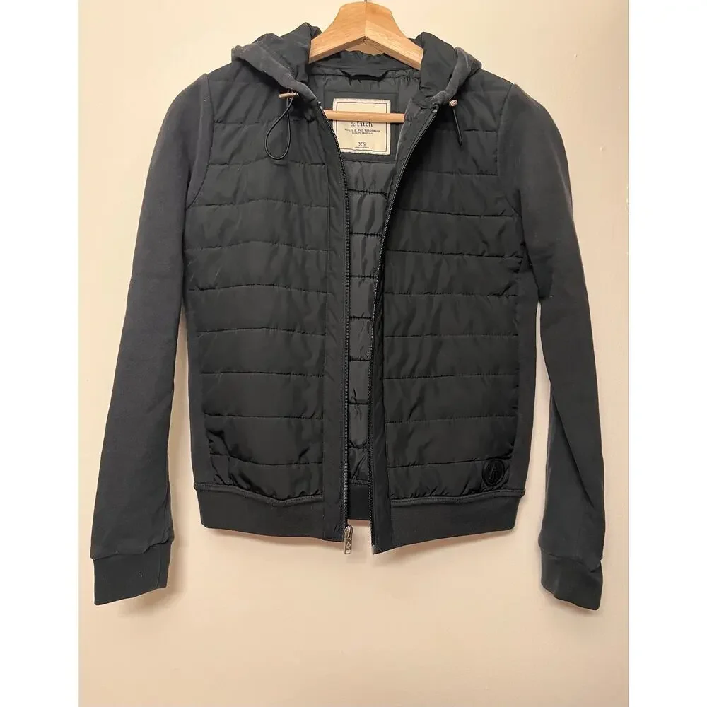 Abercrombie & Fitch Women’s XS Black Quilted Hybrid Hooded Zip Jacket Y2K Puffer